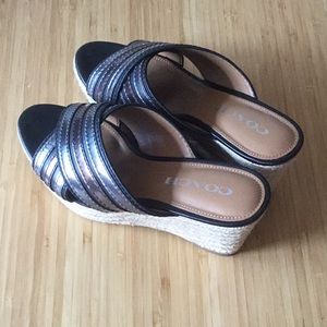 New metallic slip on wedge heel